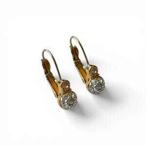 VTG Swarovski Signed Gold Tone Clear Crystal Pavé Ball Leverback Drop Earrings